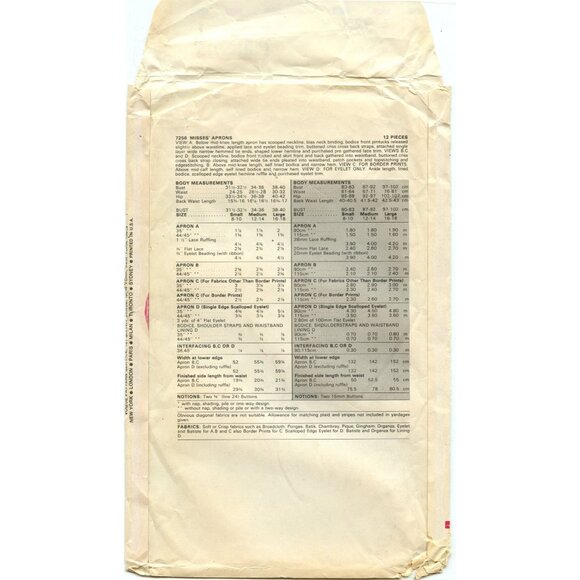 Vogue 7256 Misses Aprons Sewing Pattern Size Medium Bust 34-36" 12 Pieces Uncut - Picture 2 of 4